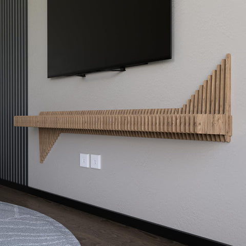 Parametric 65 inch Floating Shelf TV Unit Modern Geometric Wooden Wall Piece Decor Natural Oak Color 3D Wavy Living and Gaming Room Shelf
