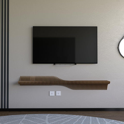 Parametric 60 inch Floating Shelf TV Unit Modern Geometric Wooden Wall Piece Decor Natural Oak Color 3D Wavy Living and Gaming Room Shelf
