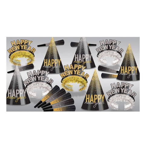 Beistle Silver & Gold Midnight Burst New Year's Eve Assortment For 10 People, NYE Party Supplies, Photo Booth Props, Party Hats, Tiaras, Horns, Made In USA Since 1900