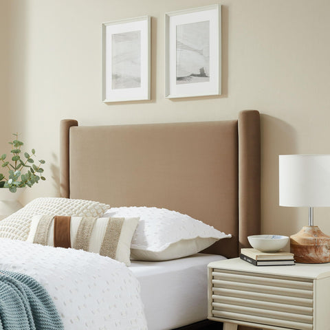 Modway Rael Twin Upholstered Headboard with Pillars in Taupe – Velvet Headboard – Stain-Resistant Performance Velvet Headboard for Twin Beds