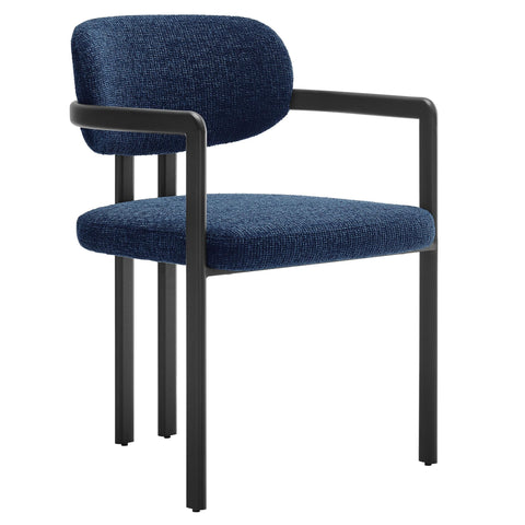 Modway Elio Modern Barrel Dining Chair with Open Back in Black Navy – Upholstered Fabric Armchair with Metal Frame