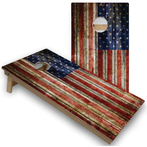 Skip's Garage American Flag Rustic All-Weather Cornhole Boards - PVC - Include Hole + Edge Lights