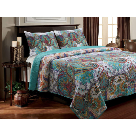 Fast Furnishings King Size 100-Percent Cotton Quilt Set in Teal Paisley Pattern - Preshrunk