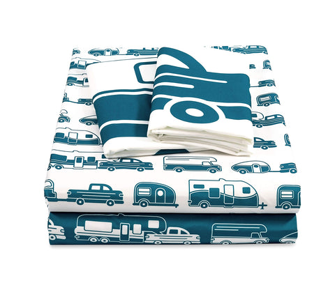 Camco Life is Better at The Campsite Queen-Size Bed Sheets | Set Includes (1) Fitted, (1) Flat Sheet and (2) Pillow Cases | Blue RV Print (53298)