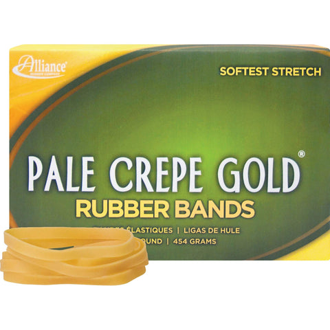 Alliance Pale Crepe Gold Rubber Bands, Size #64 (3-1/2" x 1/4"), Approx. 490 Bands, 1 lb. Box, Golden Crepe (20645)