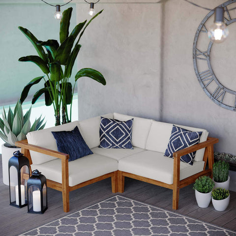 Modway Bayport Outdoor Patio Teak Wood 3-Piece Sectional Sofa Set in Natural White