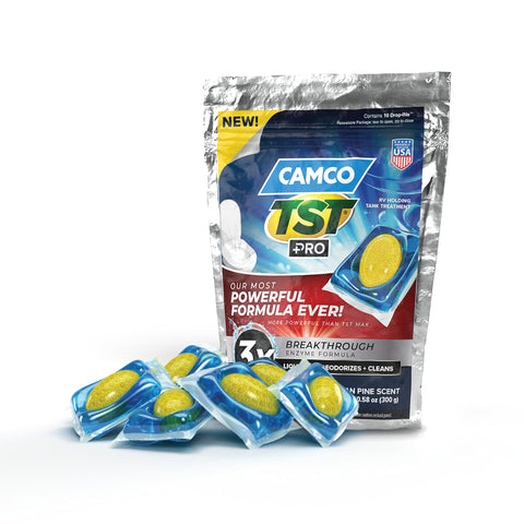 Camco TST PRO RV Toilet Treatment Drop-INs - New & Innovative Bio-Enzymatic Formula for Rapid RV Sewer Break Down - RV Black Tank Treatment - Fresh Pine Scent - Septic-Safe, 10-Pack (41770)