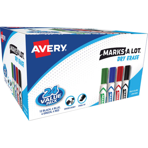 Marks-A-Lot Avery Value Pack Dry Erase Markers for Traditional and Smart Board Interactive Whiteboards, Chisel Tip, 24 Assorted Colors (98188)