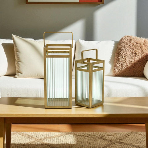 Drusilla Fluted Glass and Metal Decorative Lantern - Classic Style - 16" Tall - Gold - for Living Room Display - by Cheungs