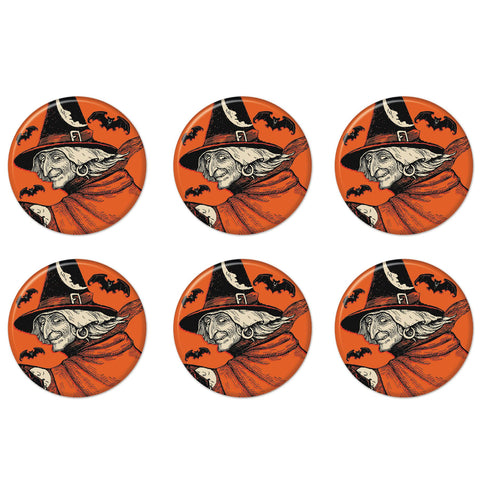 Beistle 6 Piece Retro Vintage Happy Halloween Party Favors Classic Witch Pinback Buttons