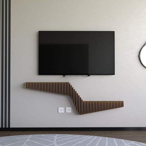 Parametric 57 inch Floating Shelf TV Unit Modern Geometric Wooden Wall Piece Decor Natural Oak Color 3D Wavy Living and Gaming Room Shelf