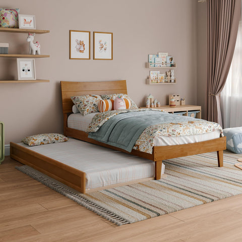 AFI, Phoenix Twin Wood Platform Bed with Twin Trundle, Light Toffee