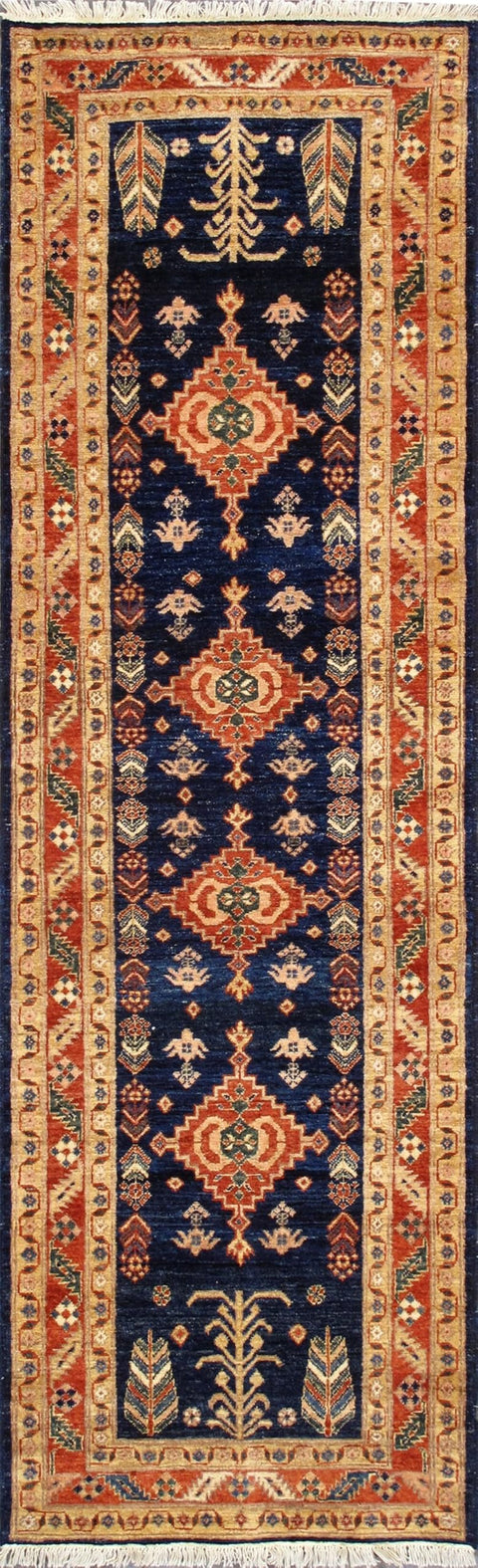 Pasargad Home Kazak Collection Hand-Knotted Construction 100% Wool Runner- 2'10'' X 9' 0'', Rust/Navy