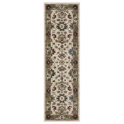 Oriental Weavers Hastings Area Rug - HA03W - 2'3" x 7'6" - in Ivory/Green - Vintage Inspired, Stain Resistant, Family and Pet Friendly, Entryway, Hallway Runner Rug