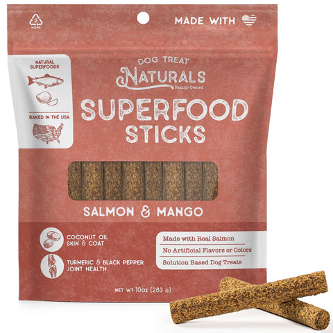 Dog Treat Naturals Salmon & Mango Superfood Sticks for Dogs | All-Natural Premium Training Dog Treats | Contains Turmeric for Joint Health | Made with Real Salmon & Mango | Made in USA | 10 Ounces