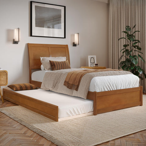 AFI, Andorra Twin XL Platform Bed with Panel Footboard and Twin XL Trundle, Light Toffee