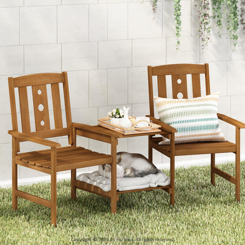 Furinno Dalam Hardwood Conversation Set with Attached Coffee Table and Umbrella Hole Natural