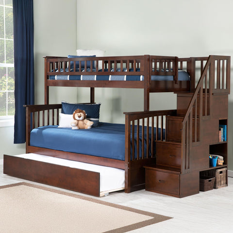 AFI Columbia Staircase Bunk with Turbo Charger and Twin Size Urban Trundle, Full, Walnut