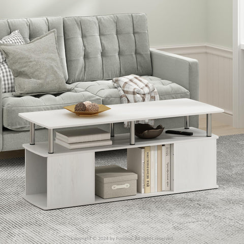 Furinno Jaya Coffee Table, Rectangle Modern Coffee Table with Open Shelf, Side Table with Side Storage, for Living Room, Bedroom, Home Office, White Oak/Stainless Steel