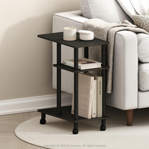 Furinno Turn-N-Tube Side Table, 3-Tier C-Shape End Table with Wheels, Toolless Assembly Night Stand, Bedside Table with Open Shelf, for Living Room, Bedroom, Black Espresso