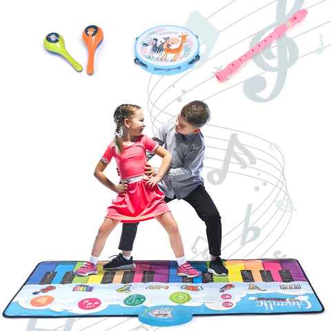 Floor Piano Mat for Kids – Large 4ft. Portable Play Mat – 24 Keys, 8 Inbuilt Sounds – Completed Set with 2 Maracas, Tambourine, and Flute – Ideal Gift for Ages 3+ – Non-Slip, Compact & Portable - USA