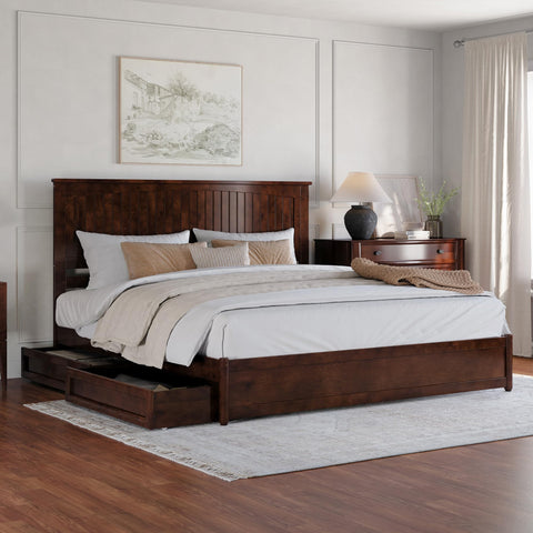 AFI, Malta King Platform Bed with Panel Footboard and Storage Drawers, Walnut