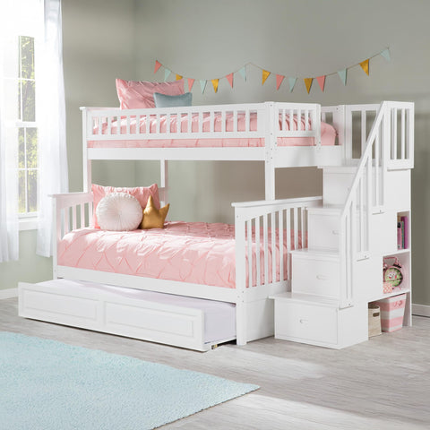 AFI, Columbia Staircase Bunk Bed Twin Over Full with Twin Raised Panel Trundle, White