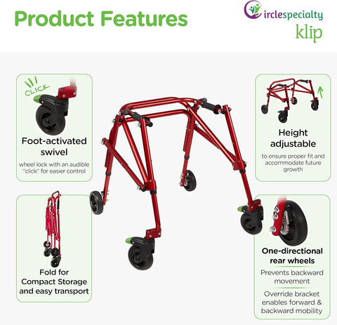 Klip- Lightweight Posterior Rollator Walker/Gait Trainer 4 Wheel - Lightweight Posterior Walker for Toddlers, Kids, Teens with Special Needs (Small, Red)