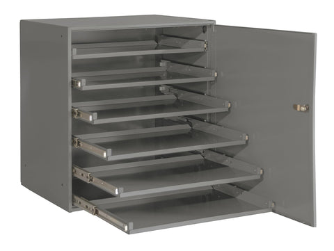 Heavy Duty Bearing Slide Rack Cold-Rolled Steel 6 Sliding Compartments With Locking Door Positive Closure Feature To Keep Trays In Punched Holes For Installation Gray