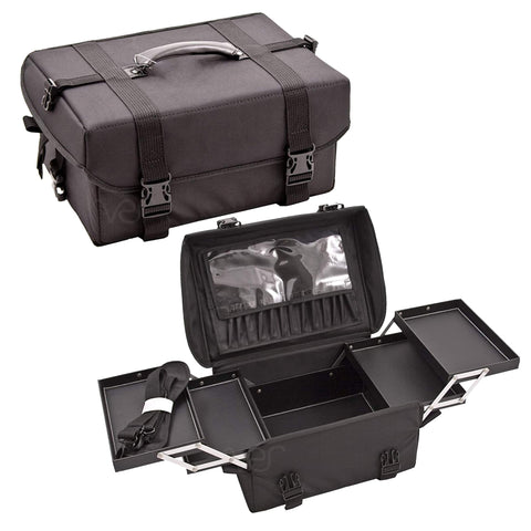 Ver Beauty Soft Sided Professional Nylon Cosmetic Organizer with 4 Padded Accordion Trays & Detachable Brush Holder, Black (VP010-92)