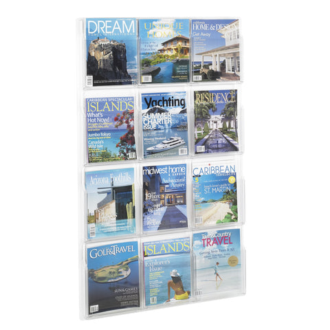 Safco Reveal Literature Rack, 12 Magazine Holder, Wall Mountable, Thermoformed Plastic Resin Construction, No Sharp Edges or Corners, Acrylic, Clear
