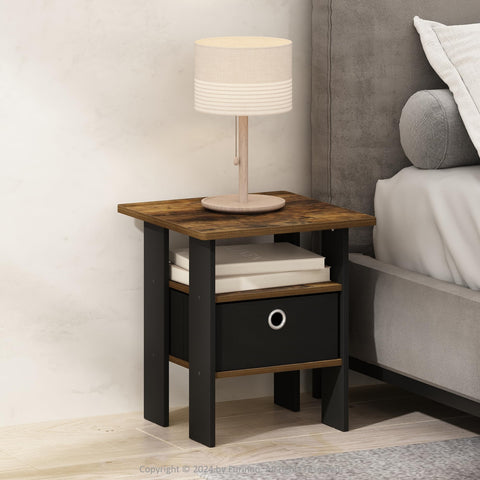 Furinno Tidur Bedside Table Nightstand with Bin Drawer Amber Pine/Black
