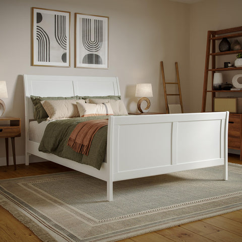 AFI, Valencia Full Solid Wood Low Profile Sleigh Platform Bed with Matching Footboard, White