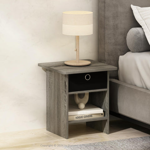 Furinno Tidur Nightstand Bedside Table Storage Shelf with Bin Drawer French Oak/Black