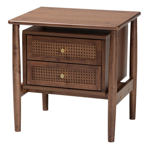 Baxton Studio Alyssa Nightstand with Woven Rattan, 2-Drawer, Walnut Brown