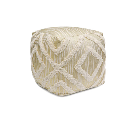 Pasargad Home Grandcanyon Cotton Shaggy Pouf, 100% Cotton Pouf, Hand Woven- Polly Beads Stuffed Pouf- Sitting, Foot Stool - Square Poufs for Living Room - Luxury Room Decor, 17"x17"x17", Ivory/Gold