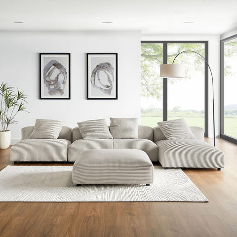 Modway Solace Modular 4-Piece Corduroy Sectional Sofa in Almond - Upholstered Deep Seat Set with Armless Chair, Loveseat, Chaise and Ottoman - Modern L-Shaped Sectional Couch for Living Room