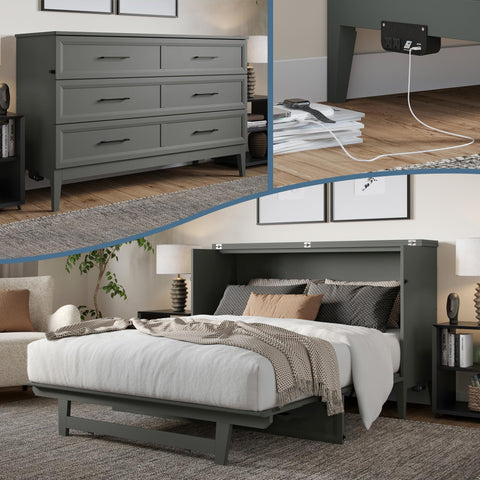 AFI, Santa Fe Queen Murphy Bed Chest with 6" Mattress & Built-in USB Charger, Grey
