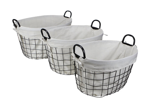 Set of 3 Lined Metal Wire Oval Basket with Handle