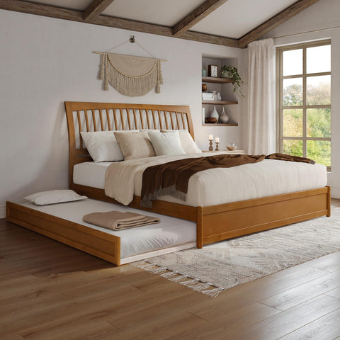 AFI, Roslyn King Platform Bed with Panel Footboard and Twin XL Trundle, Light Toffee