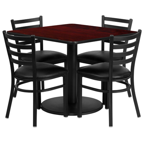 Flash Furniture Jamie 36'' Square Mahogany Laminate Table Set with Round Base and 4 Ladder Back Metal Chairs - Black Vinyl Seat