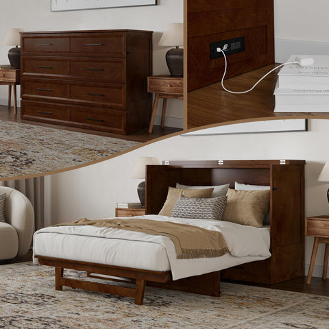 AFI, Tucson Full Wood Murphy Bed Chest with 6" Mattress, Storage Drawer & Built-in USB Charger, Walnut