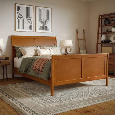 AFI, Valencia Full Solid Wood Low Profile Sleigh Platform Bed with Matching Footboard, Light Toffee