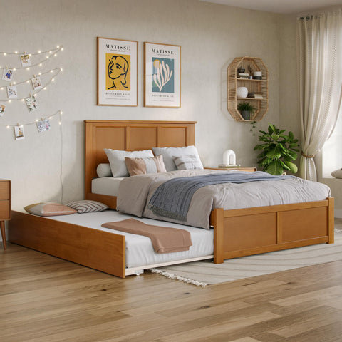 AFI Madison Full Solid Wood Platform Bed with Footboard & Twin Trundle in Light Toffee