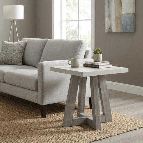 Carolina Chair & Table Modern Square Accent Table 24.63" W x 24.63" D x 23.5" H Grey Brushed Acacia Frame White Spray Concrete Top Lightweight Durable Easy Assembly Living Room