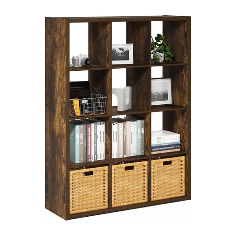 Oakestry Cubicle Open Back Decorative Cube Storage Organizer 12 Cube Wooden Shelving Unit Freestanding Display Shelf Modern Home Office Furniture (Amber Pine)