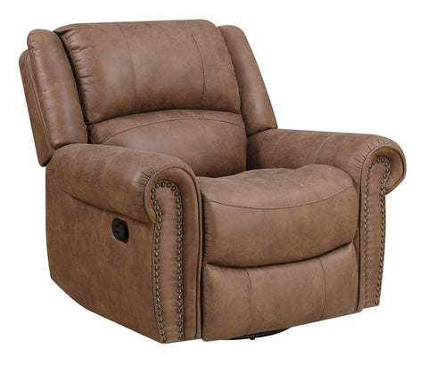 Madrona Burke Nova Brown Gliding Recliner with Swivel Glider, Nailhead Trim, and Pillow Back