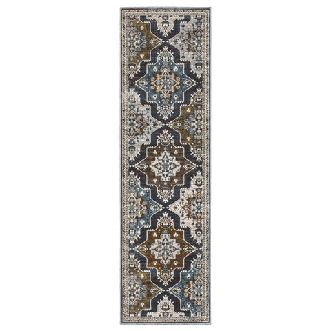 Oriental Weavers Ellington Area Rug - ELL07-2'3" x 7'6" - in Grey/Blue - Vintage Inspired, Stain Resistant, Family and Pet Friendly, Entryway, Hallway Runner Rug