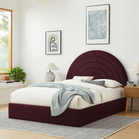 Modway Solana Queen Size Performance Velvet Platform Bed in Mulberry – Upholstered Bed Frame with Soft Arch Shaped Padded Headboard - Plinth Base Platform Bed Frame