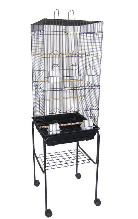 YML 6924 3/8" Bar Spacing Tall Flat Top Bird Cage with Stand, 18" x 18"/Small, Black